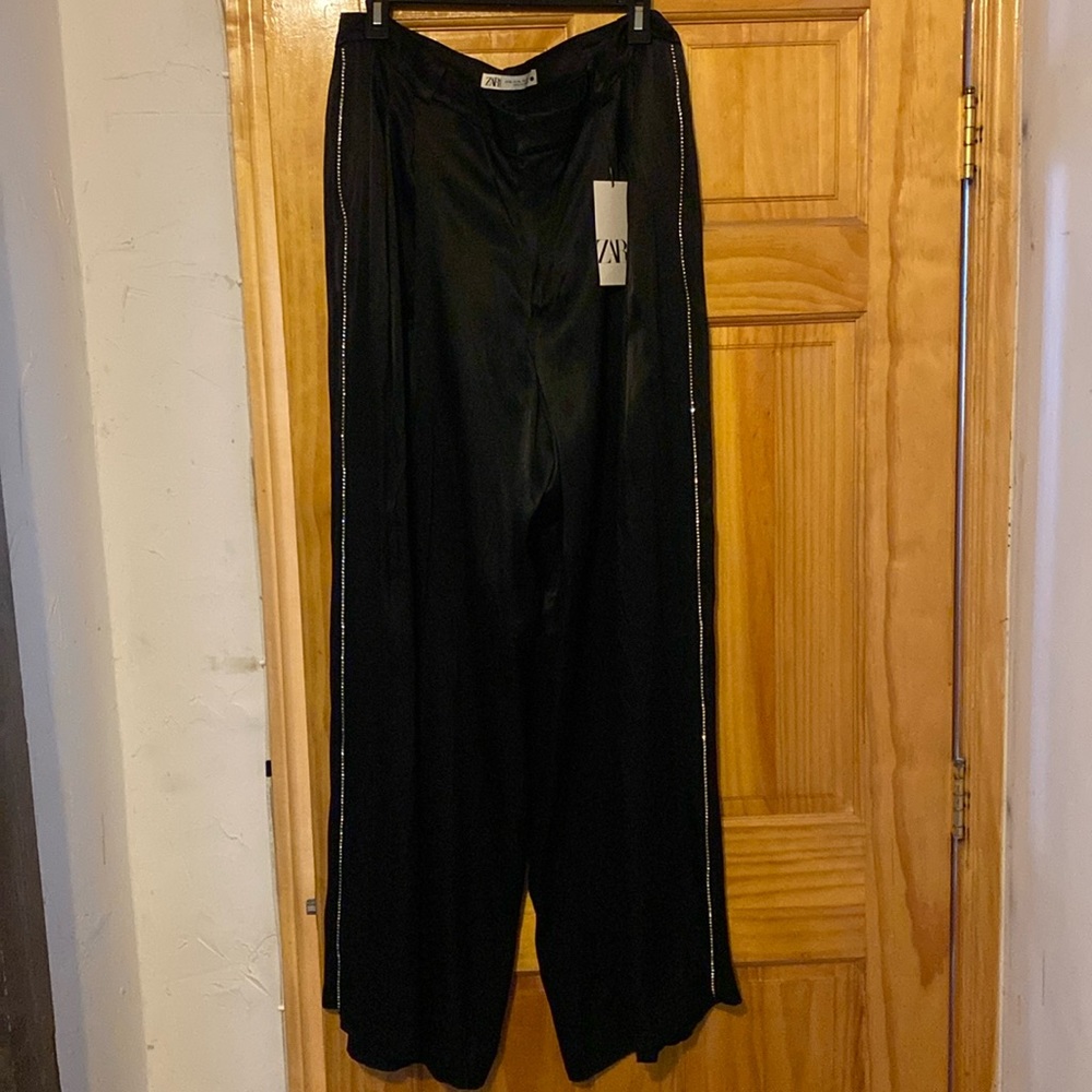 Zara Silky Very Wide Leg Black Crystal Sides Pants New With Tags